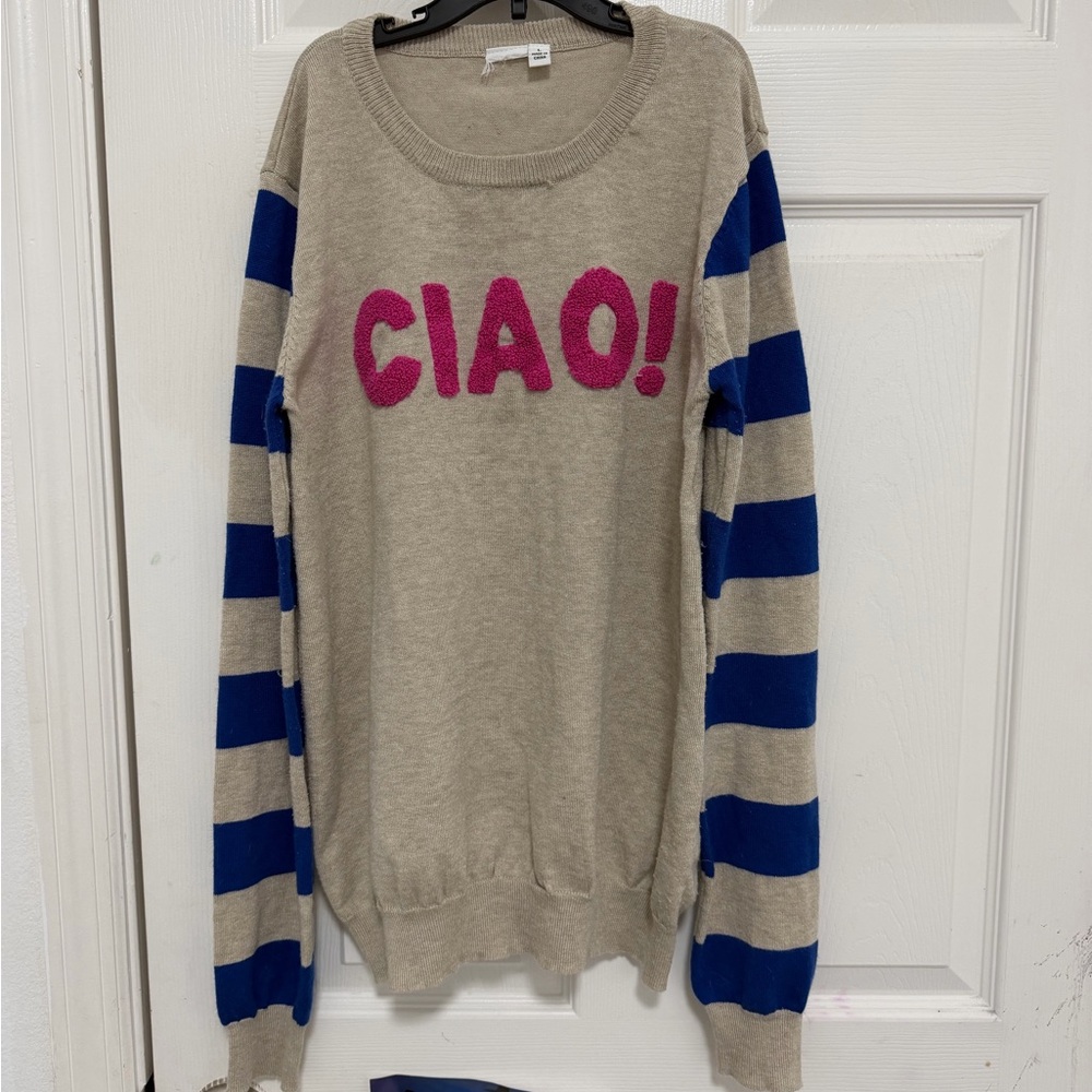 CIAO! Stripe-Sleeve Womens Sweater - Beige with Blue & Pink